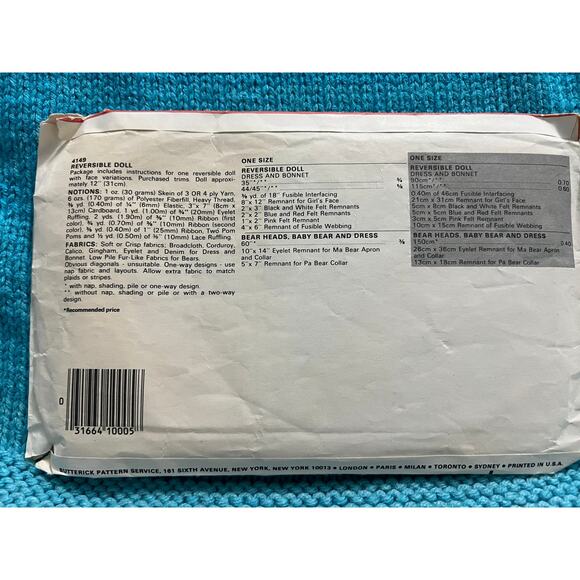 Butterick 4149 pattern reversible doll goldilocks and three bears - Picture 2 of 5